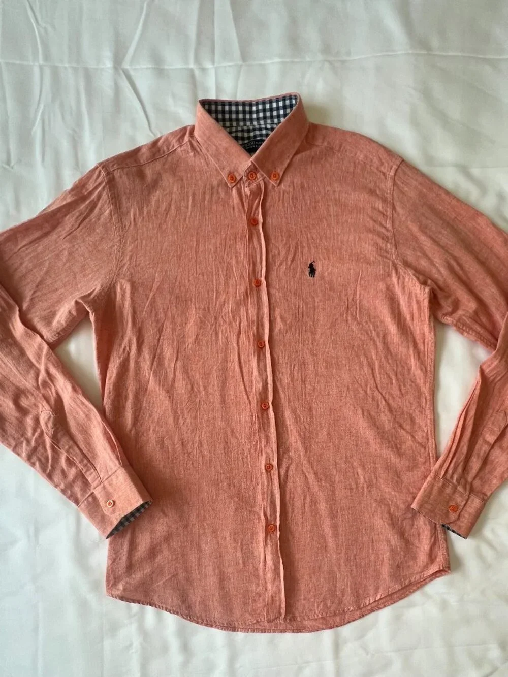 VTG Polo Ralph Lauren 100% Linen USA Made Orange Coral Size L Shirt Y2K